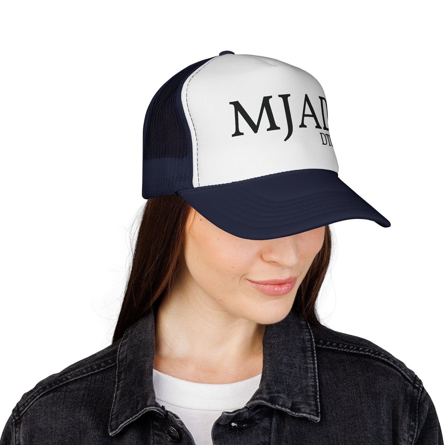 MJAD DTU9 Trucker Cap — Vintage Script Retro Mesh Baseball Hat