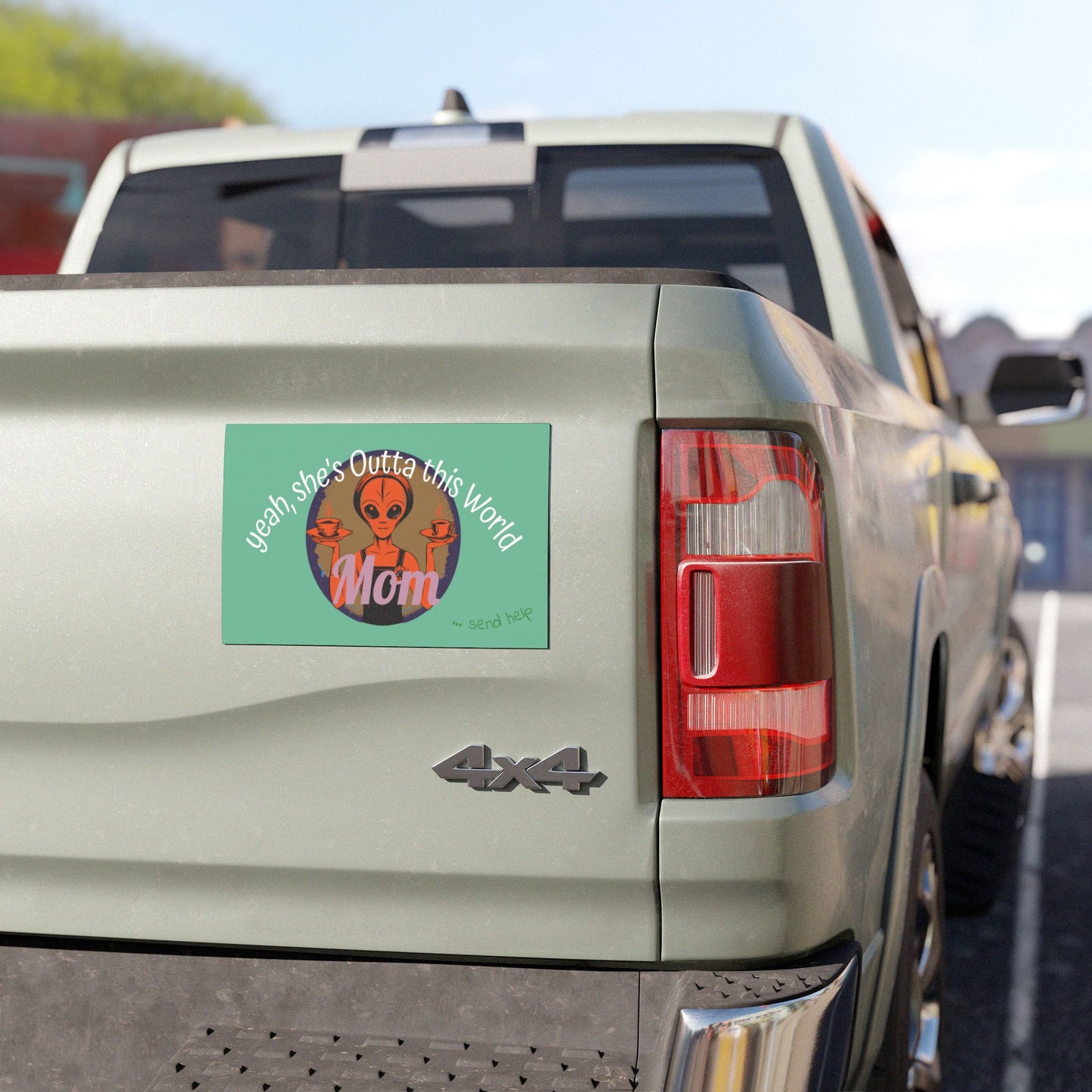 Alien Mom Car Magnet — Retro Space Mom with Coffee, "Please Send Help from the Kids"