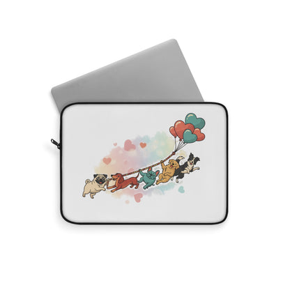 Cute Pug Parade Laptop Sleeve — Cartoon Dogs with Heart Balloons