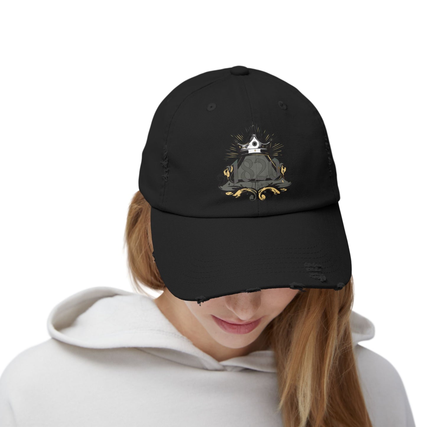 "1820" Distressed Baseball Cap with Gothic Crest Design