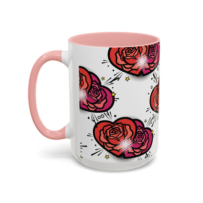 Rose Heart Accent Coffee Mug — Retro Pop Floral Design (11/15 oz)
