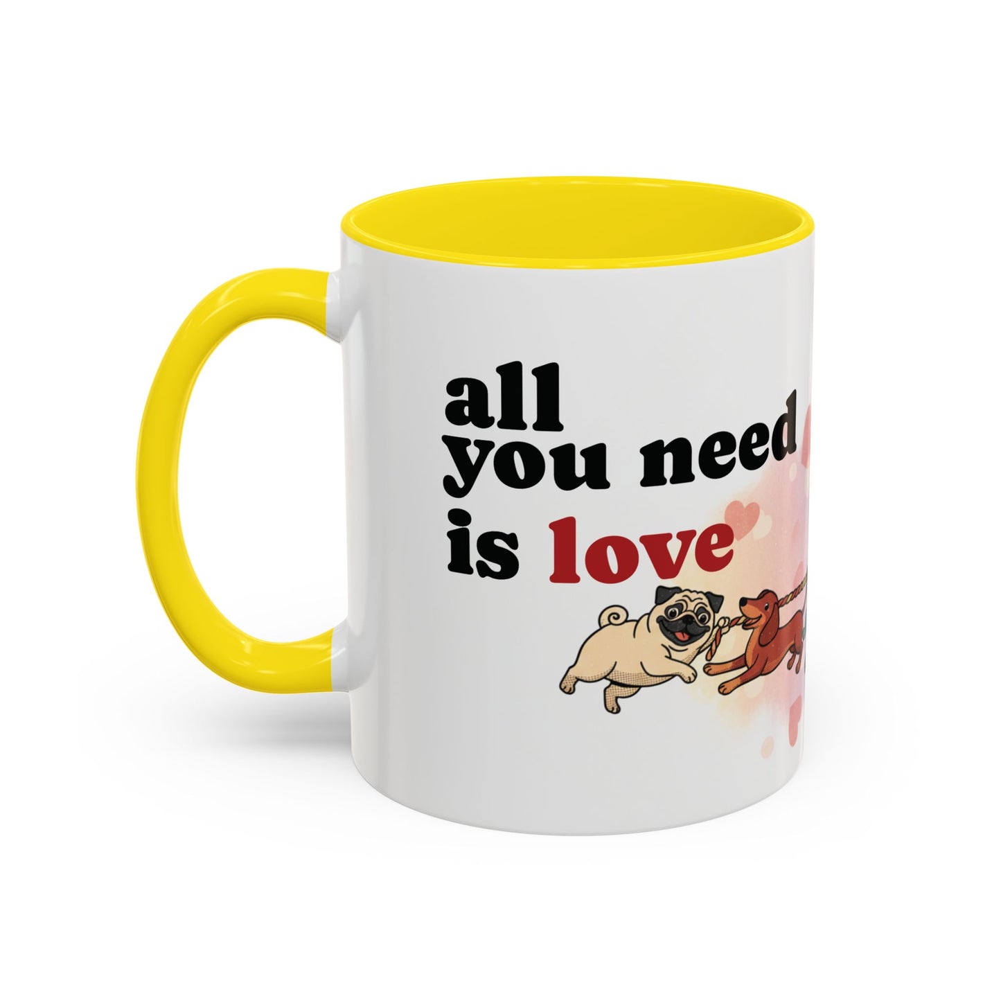 Valentine Dogs Tug-of-Love Mug — Playful Pop-Art Heart Balloons