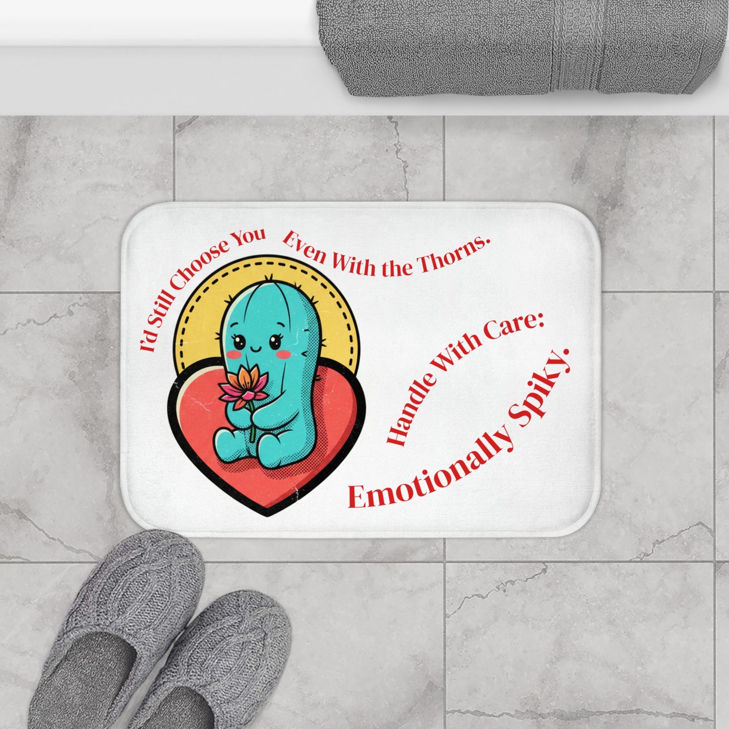 Emotionally Spiky Cactus Bath Mat — Cute Cactus with ‘I’d Still Choose You’ Heart Design