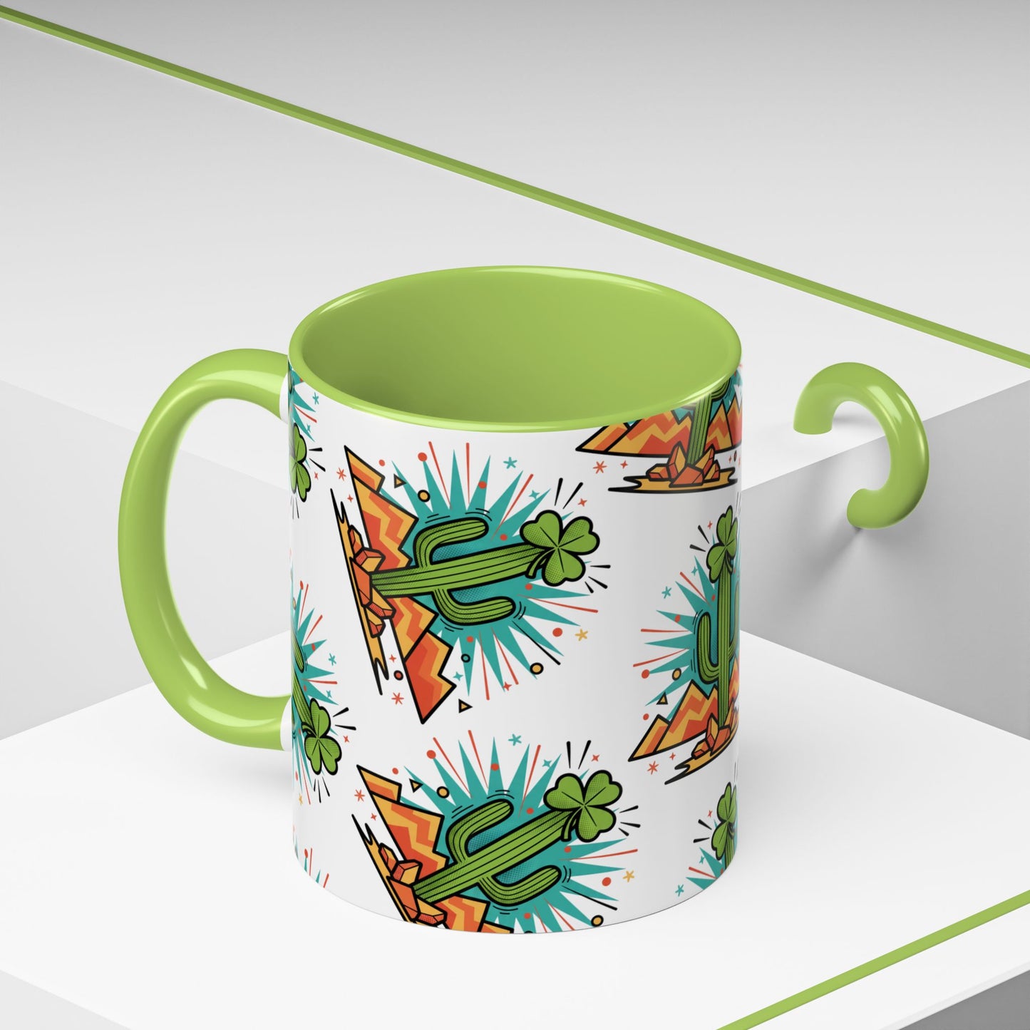 Arizona Shamrock Cactus Mug — Retro Pop Art St. Patrick’s Day Coffee Cup (11/15oz)