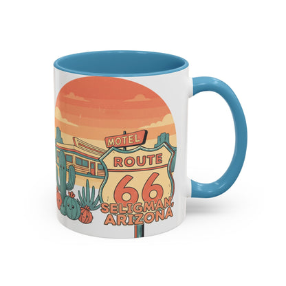Route 66 Seligman Retro Pop Art Coffee Mug — Pastel Desert Sunset