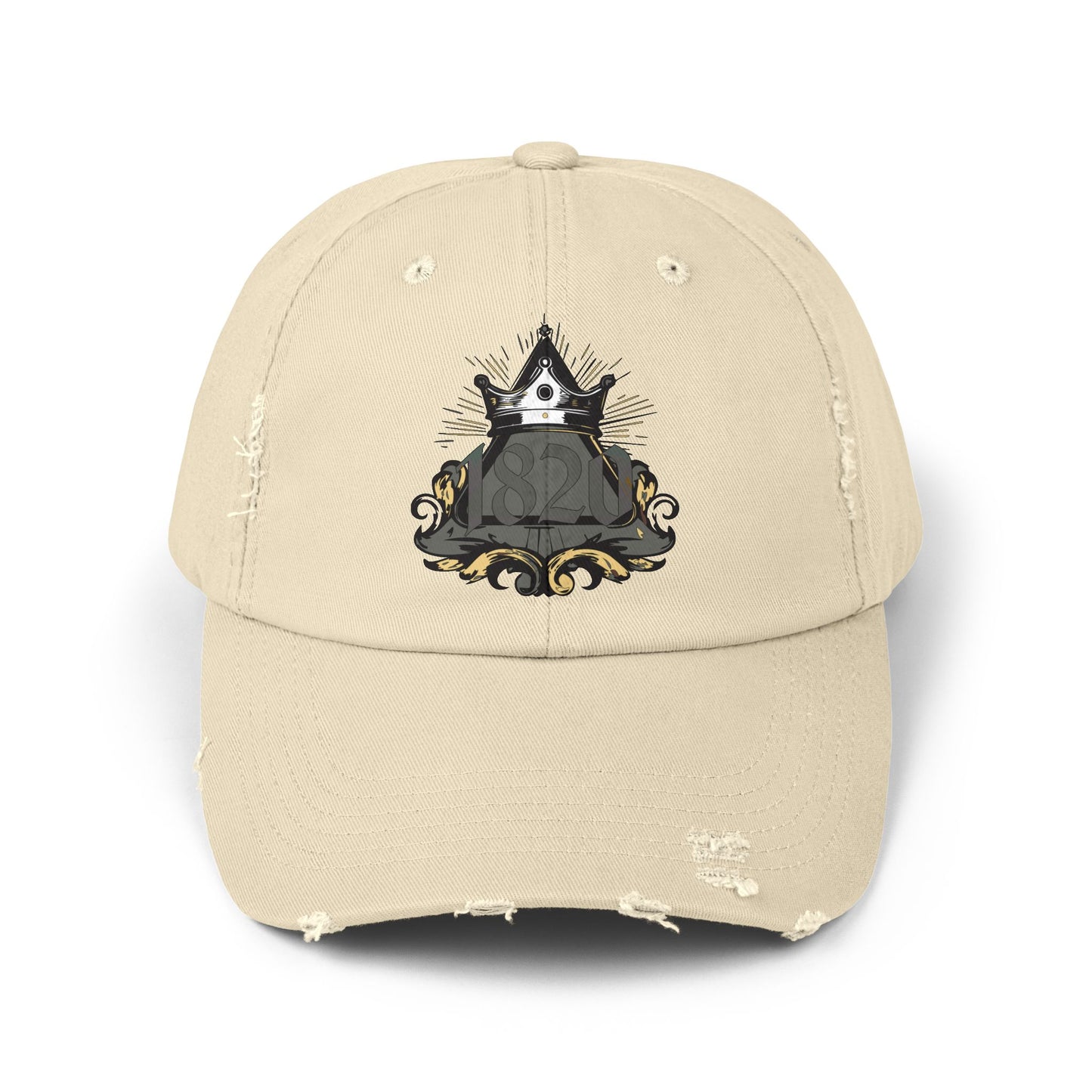 "1820" Distressed Baseball Cap with Gothic Crest Design
