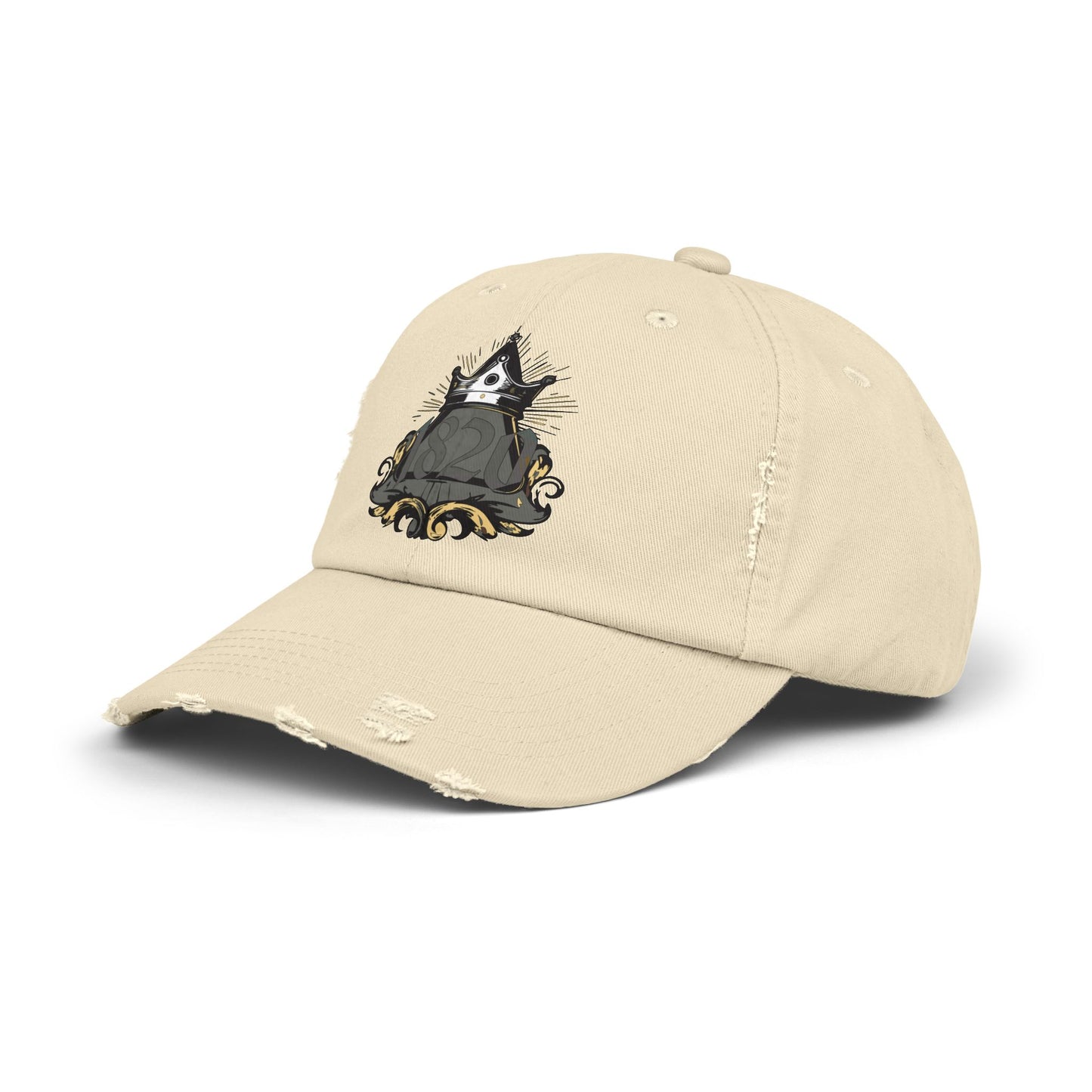 "1820" Distressed Baseball Cap with Gothic Crest Design