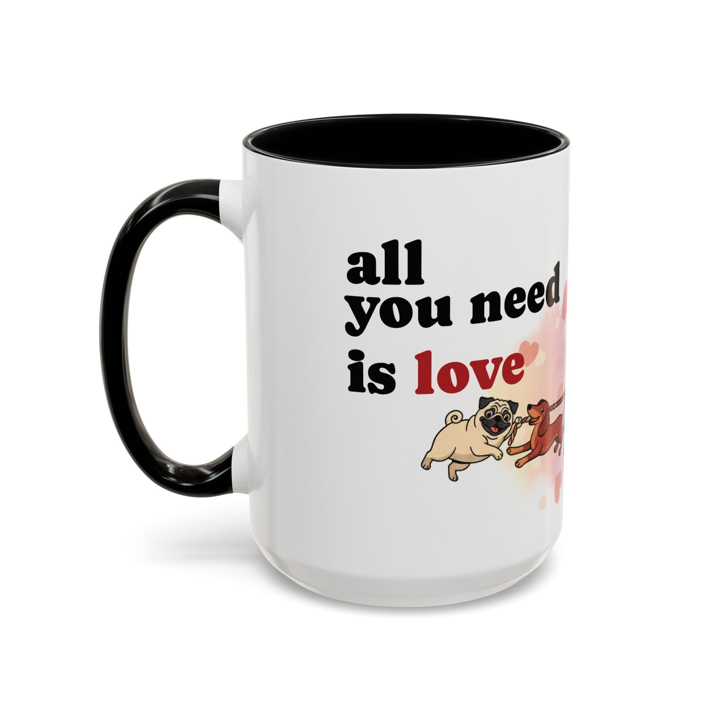 Valentine Dogs Tug-of-Love Mug — Playful Pop-Art Heart Balloons