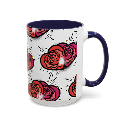Rose Heart Accent Coffee Mug — Retro Pop Floral Design (11/15 oz)