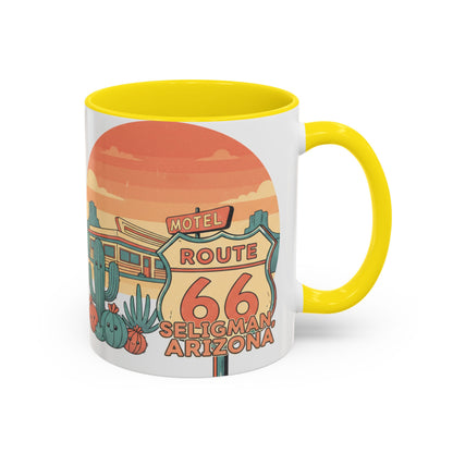 Route 66 Seligman Retro Pop Art Coffee Mug — Pastel Desert Sunset
