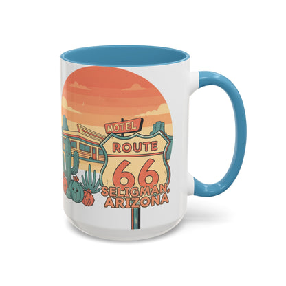 Route 66 Seligman Retro Pop Art Coffee Mug — Pastel Desert Sunset