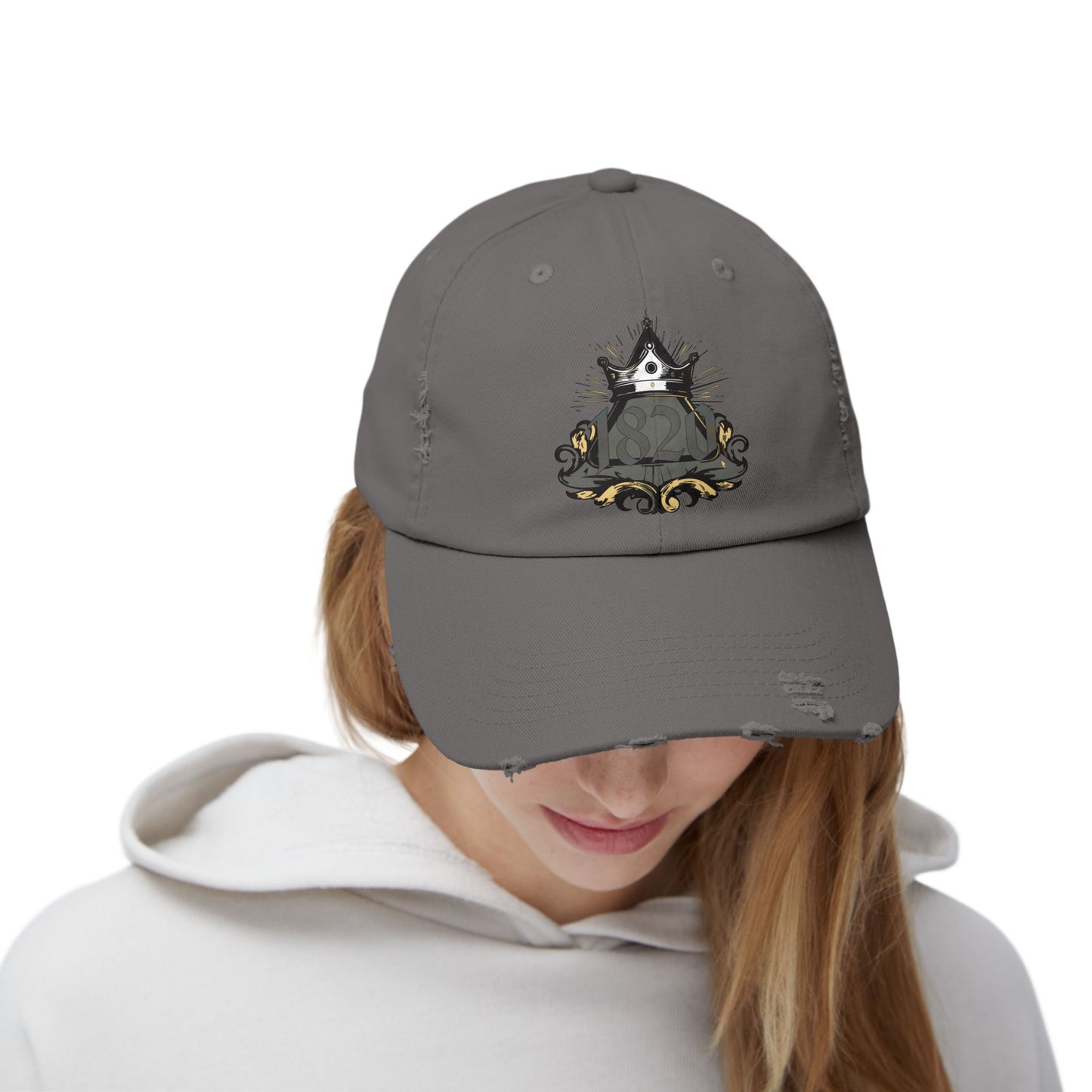 "1820" Distressed Baseball Cap with Gothic Crest Design