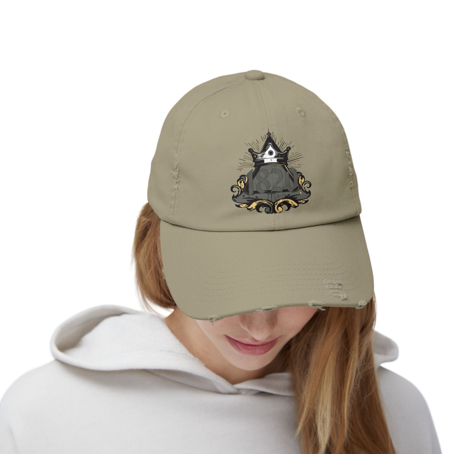 "1820" Distressed Baseball Cap with Gothic Crest Design