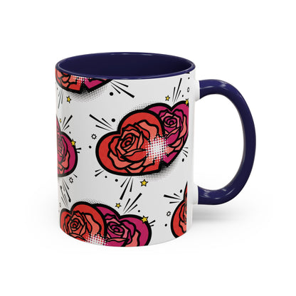 Rose Heart Accent Coffee Mug — Retro Pop Floral Design (11/15 oz)