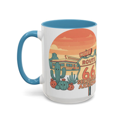 Route 66 Seligman Retro Pop Art Coffee Mug — Pastel Desert Sunset