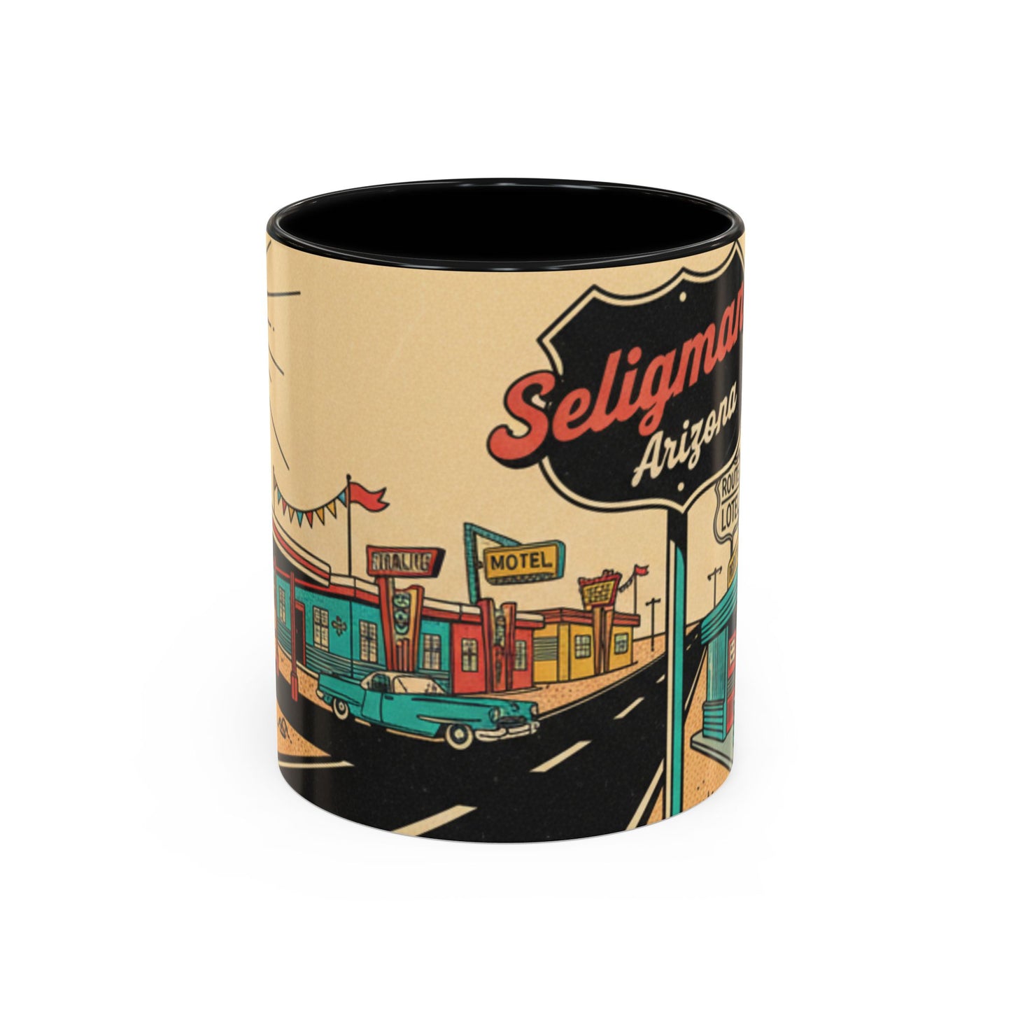 Route 66 Seligman Retro Pop Art Coffee Mug — Vintage Desert Roadside Design (11/15oz)