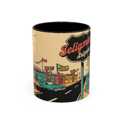 Route 66 Seligman Retro Pop Art Coffee Mug — Vintage Desert Roadside Design (11/15oz)