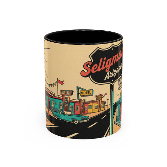 Route 66 Seligman Retro Pop Art Coffee Mug — Vintage Desert Roadside Design (11/15oz)