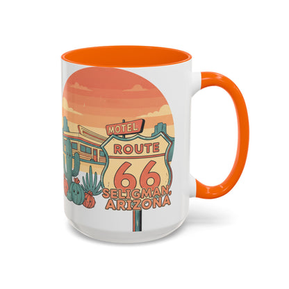 Route 66 Seligman Retro Pop Art Coffee Mug — Pastel Desert Sunset
