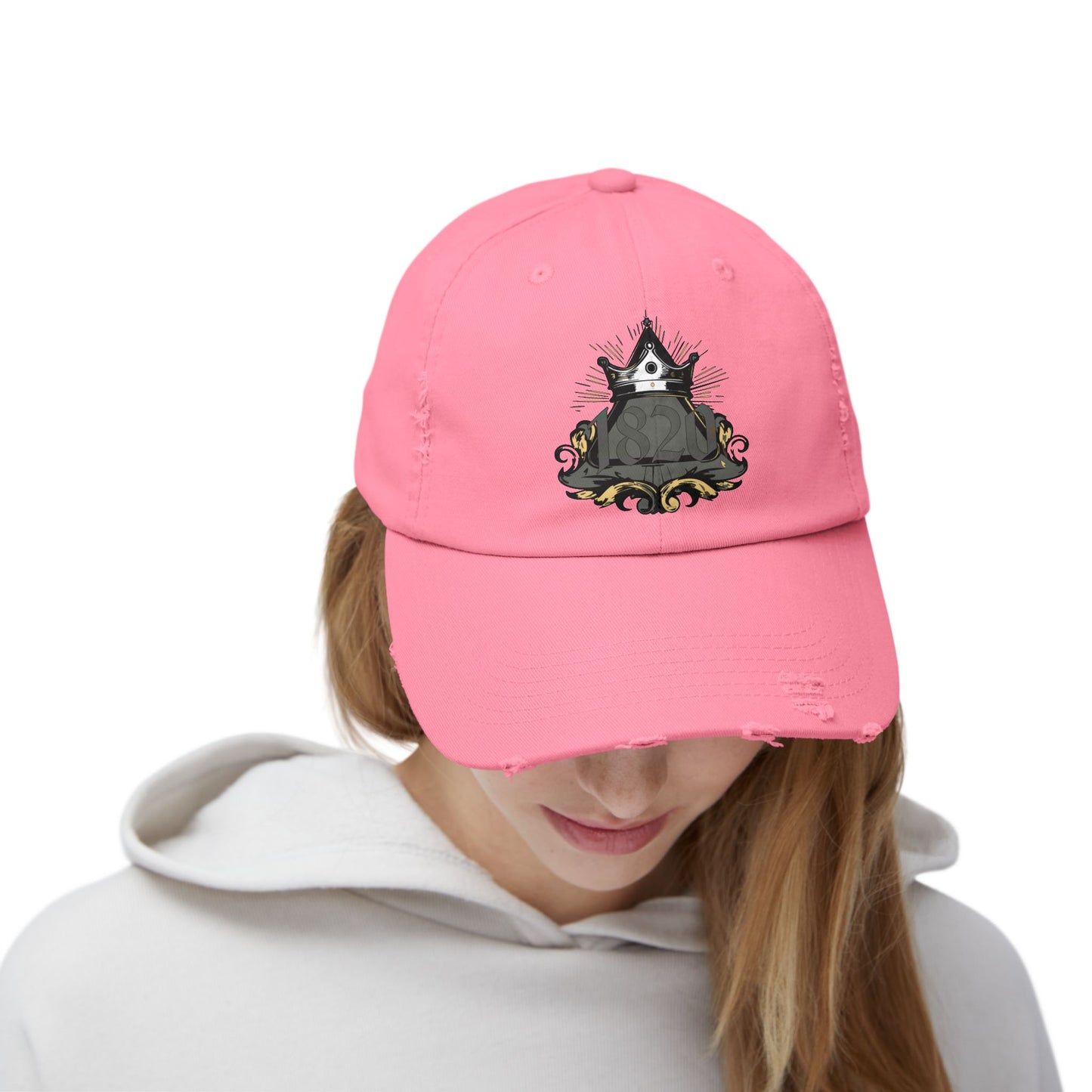 "1820" Distressed Baseball Cap with Gothic Crest Design