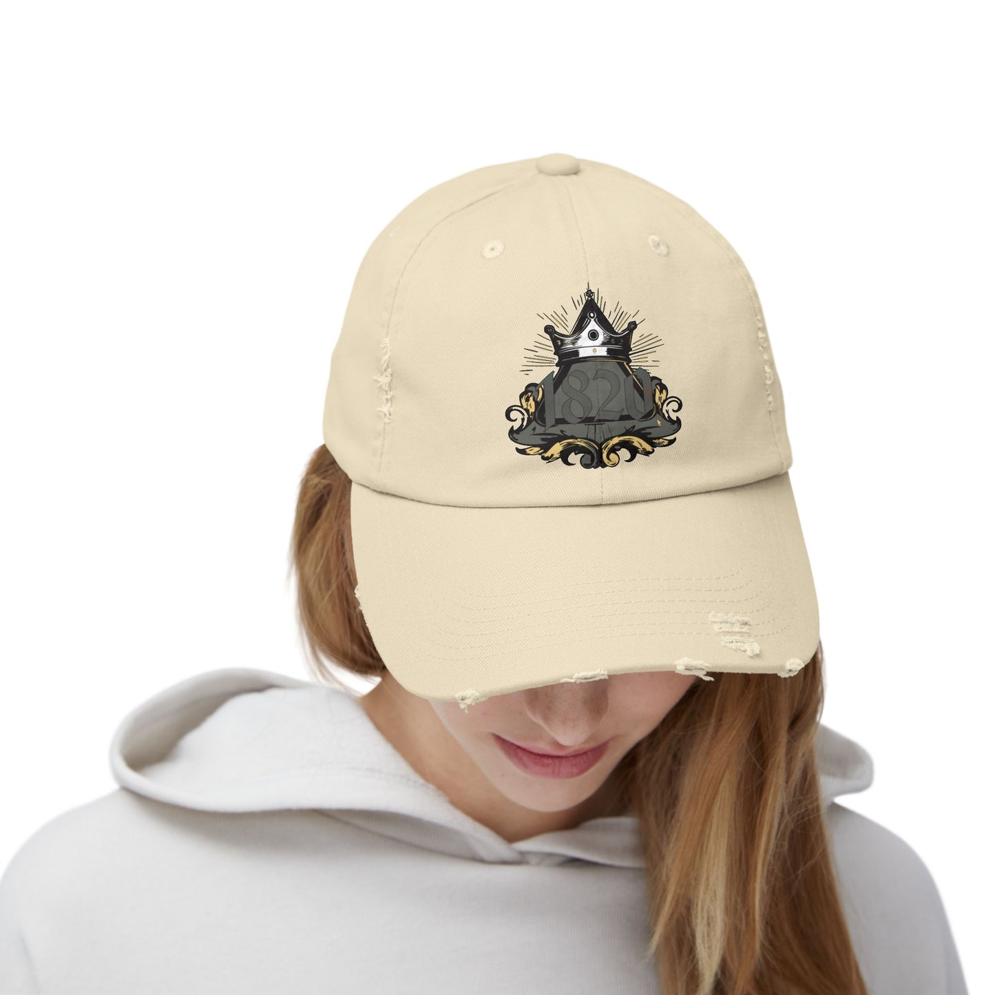 "1820" Distressed Baseball Cap with Gothic Crest Design