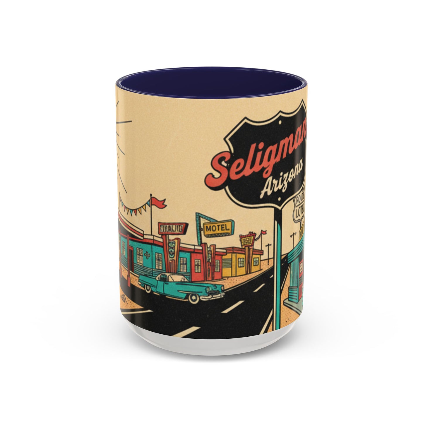Route 66 Seligman Retro Pop Art Coffee Mug — Vintage Desert Roadside Design (11/15oz)
