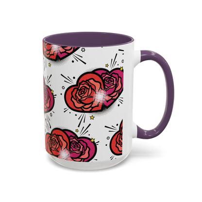Rose Heart Accent Coffee Mug — Retro Pop Floral Design (11/15 oz)