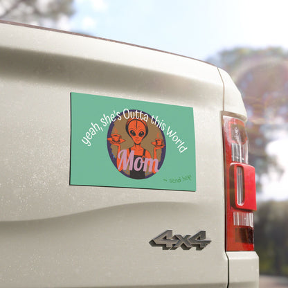 Alien Mom Car Magnet — Retro Space Mom with Coffee, "Please Send Help from the Kids"