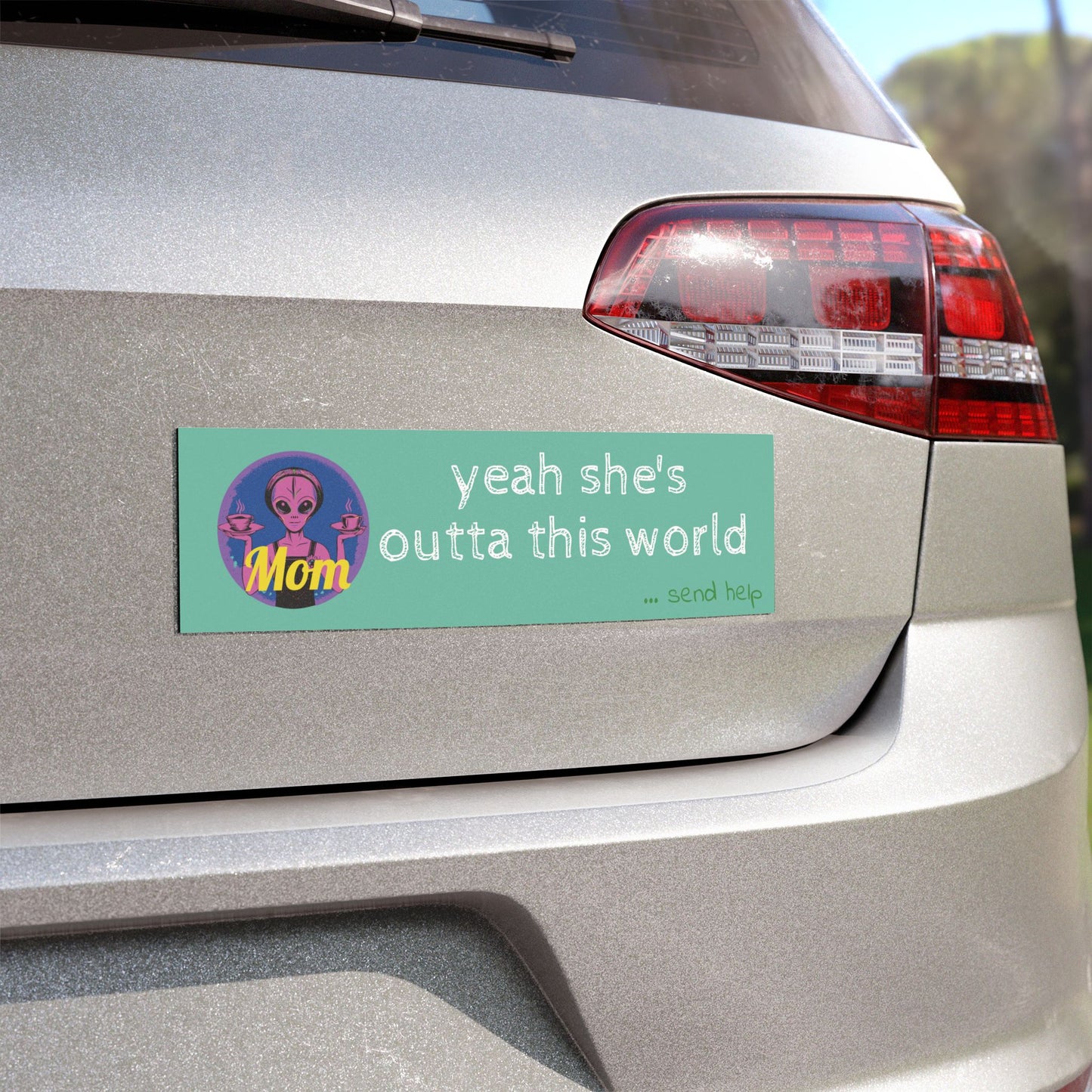 Alien Mom Car Magnet — Retro Space Mom with Coffee, "Please Send Help from the Kids"