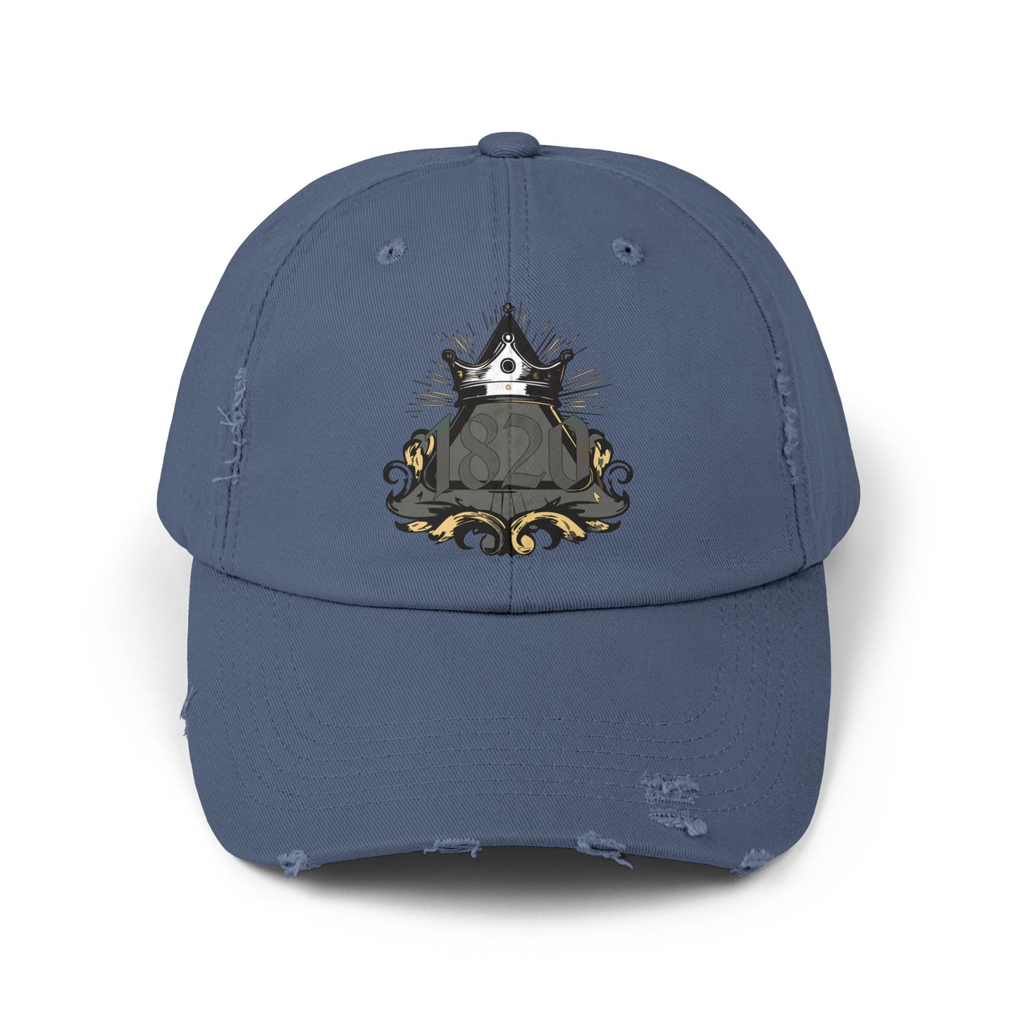 "1820" Distressed Baseball Cap with Gothic Crest Design