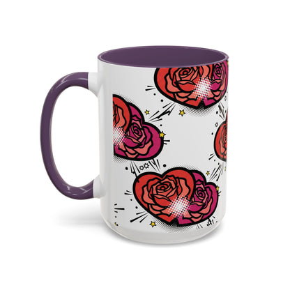 Rose Heart Accent Coffee Mug — Retro Pop Floral Design (11/15 oz)