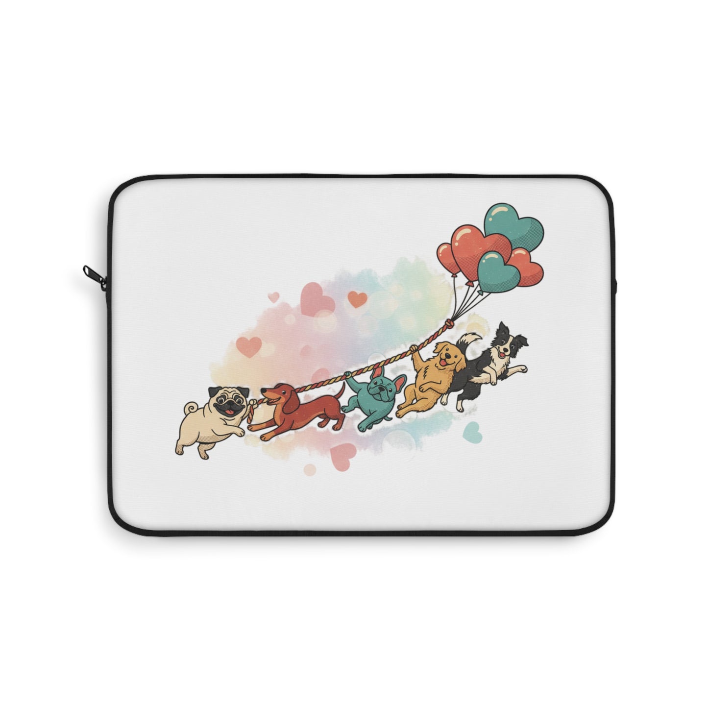 Cute Pug Parade Laptop Sleeve — Cartoon Dogs with Heart Balloons