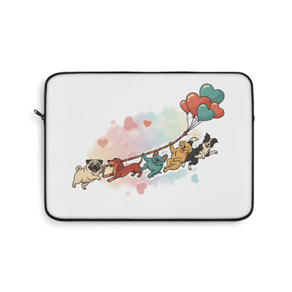 Cute Pug Parade Laptop Sleeve — Cartoon Dogs with Heart Balloons