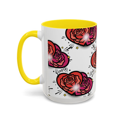 Rose Heart Accent Coffee Mug — Retro Pop Floral Design (11/15 oz)