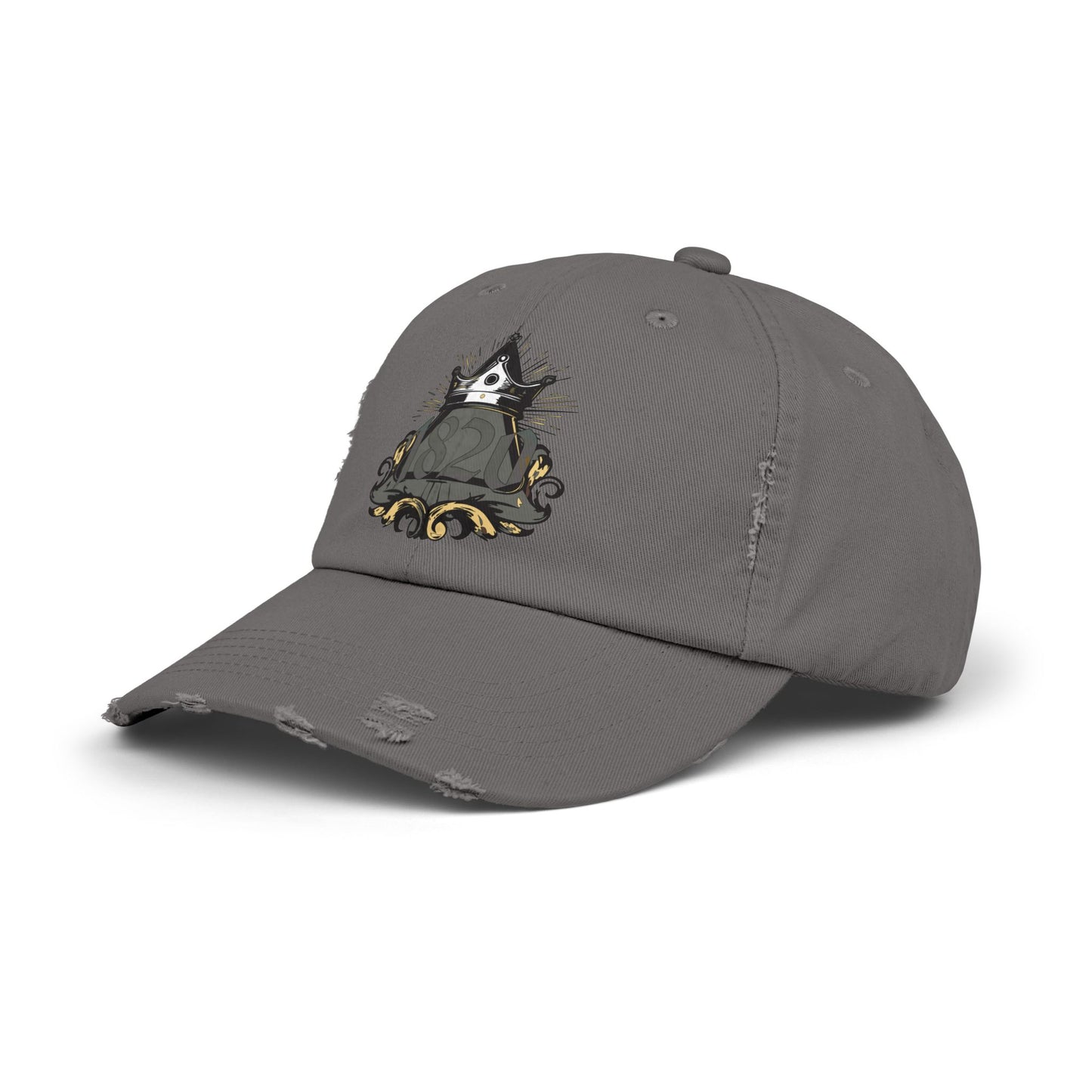 "1820" Distressed Baseball Cap with Gothic Crest Design