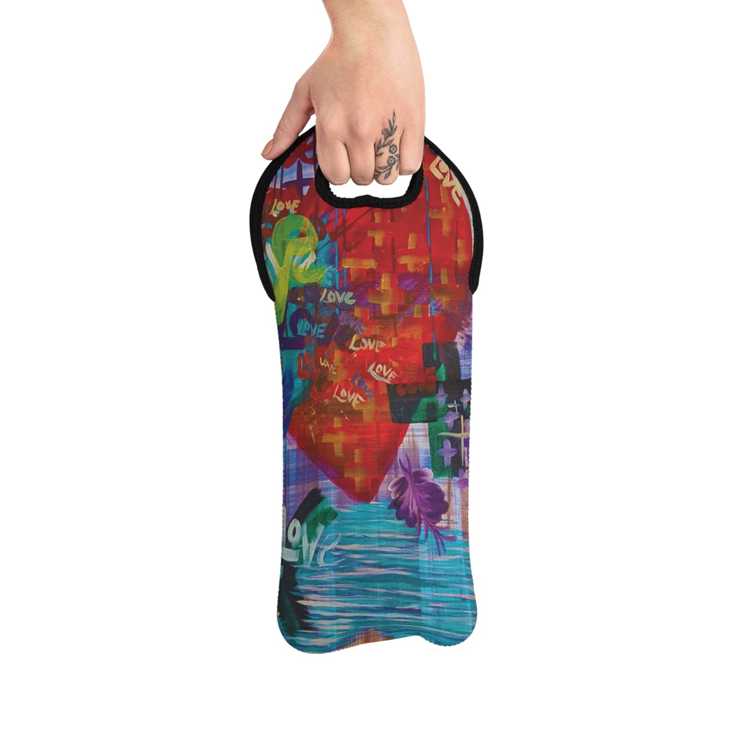 Colorful 'Love' Abstract Wine Tote Bag – Neon Heart Art Bottle Carrier
