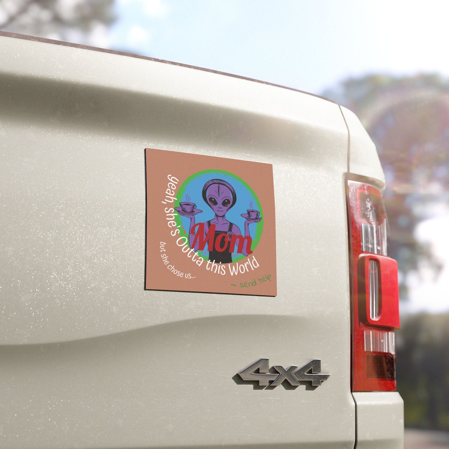 Alien Mom Car Magnet — Retro Space Mom with Coffee, "Please Send Help from the Kids"