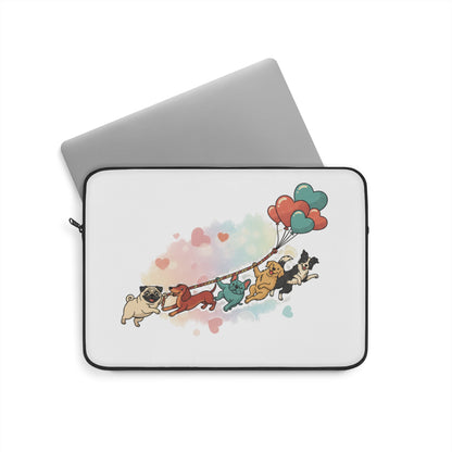 Cute Pug Parade Laptop Sleeve — Cartoon Dogs with Heart Balloons