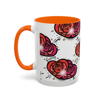 Rose Heart Accent Coffee Mug — Retro Pop Floral Design (11/15 oz)