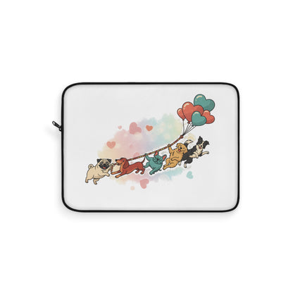Cute Pug Parade Laptop Sleeve — Cartoon Dogs with Heart Balloons