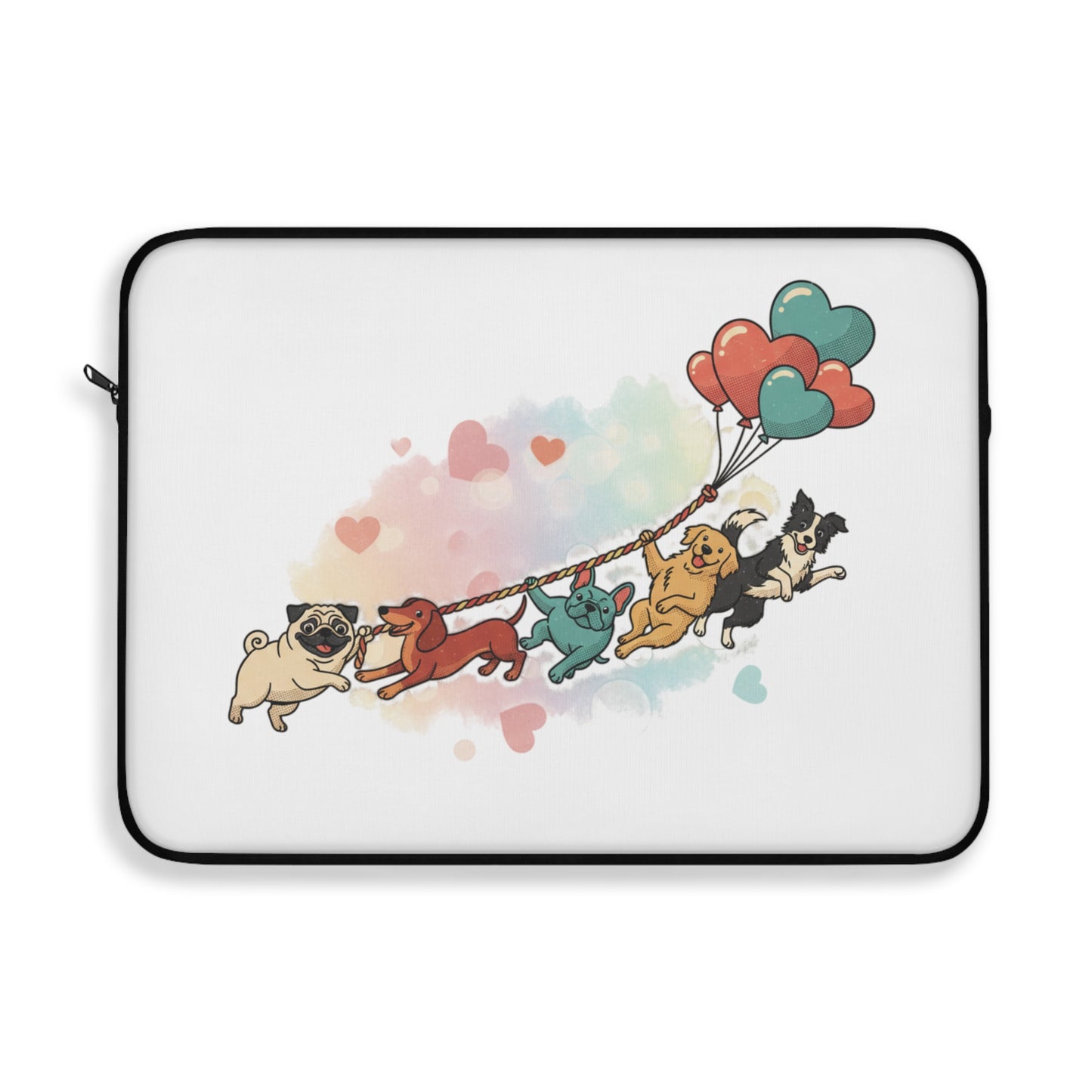 Cute Pug Parade Laptop Sleeve — Cartoon Dogs with Heart Balloons