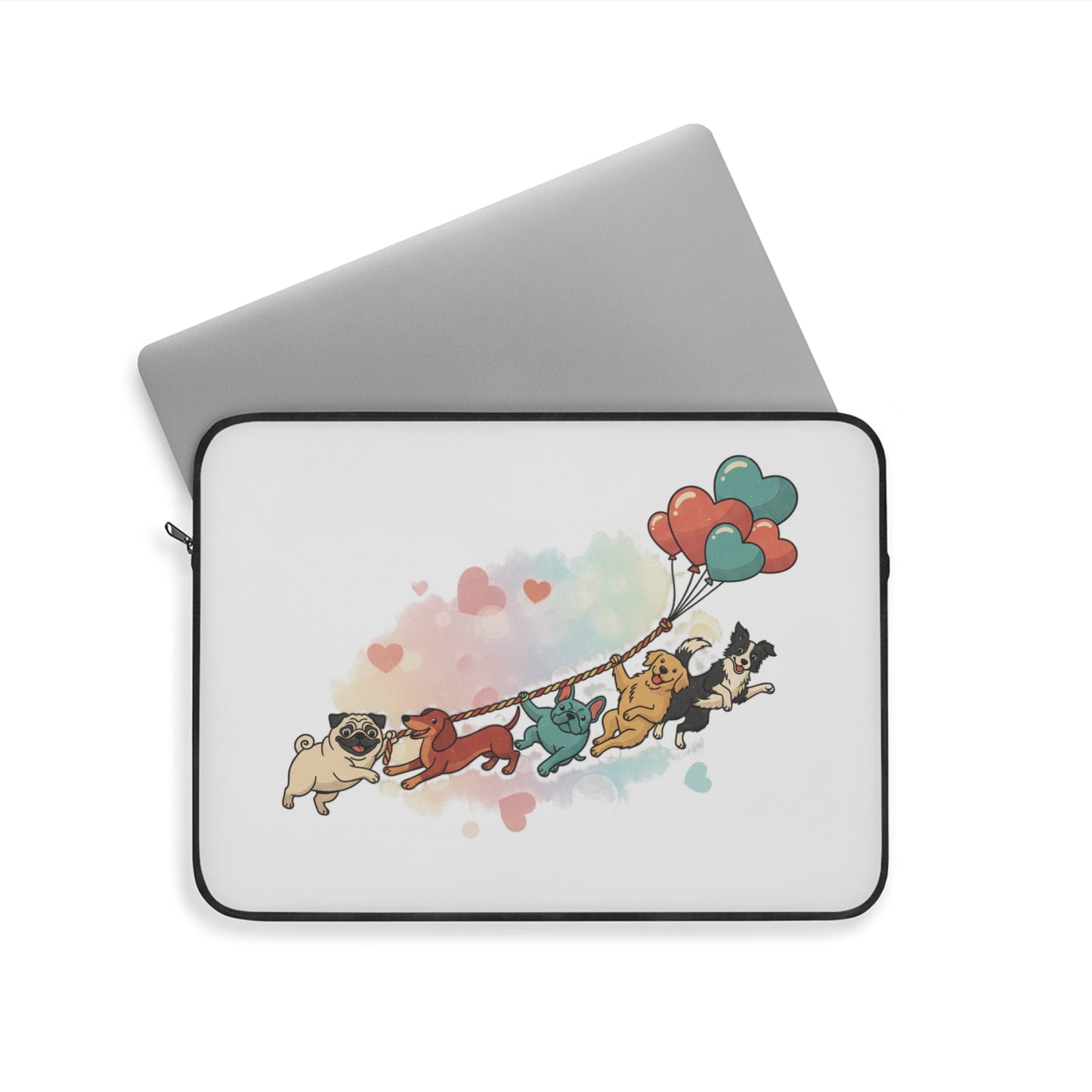 Cute Pug Parade Laptop Sleeve — Cartoon Dogs with Heart Balloons