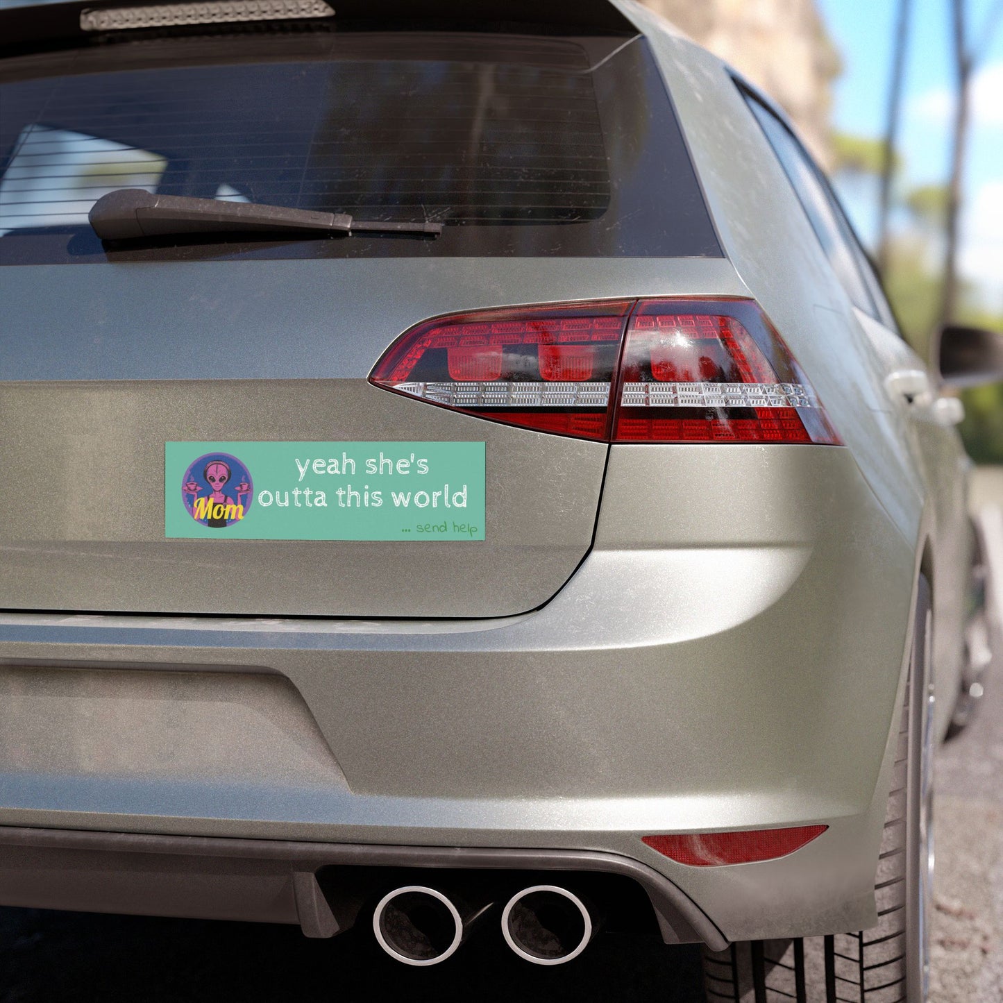 Alien Mom Car Magnet — Retro Space Mom with Coffee, "Please Send Help from the Kids"