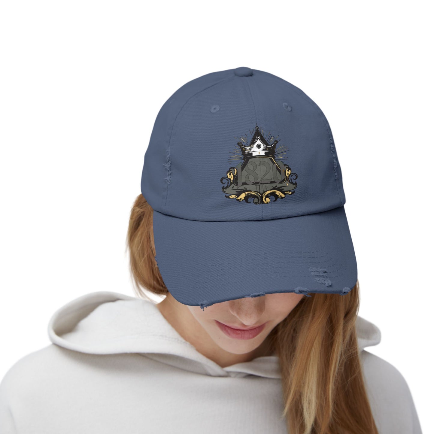 "1820" Distressed Baseball Cap with Gothic Crest Design