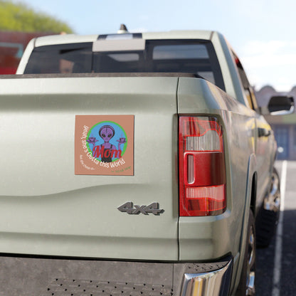 Alien Mom Car Magnet — Retro Space Mom with Coffee, "Please Send Help from the Kids"