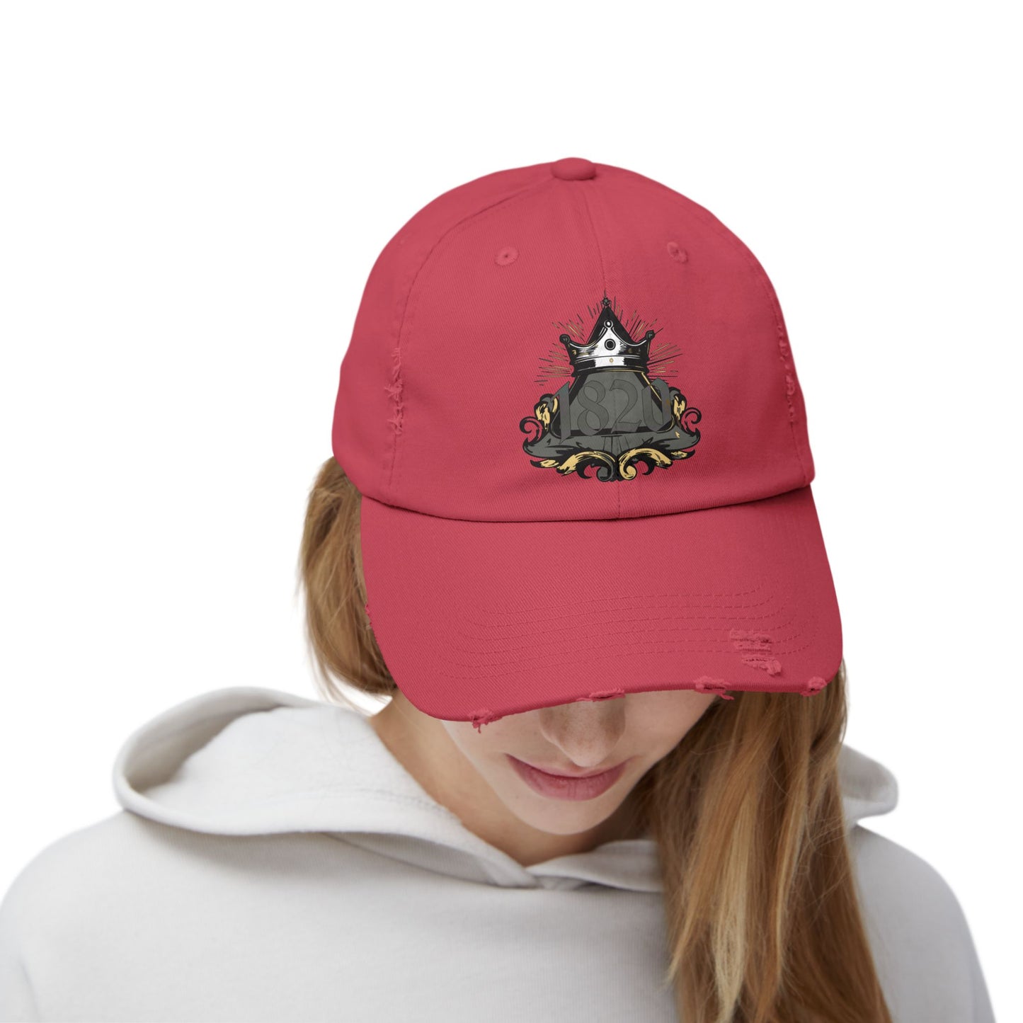 "1820" Distressed Baseball Cap with Gothic Crest Design