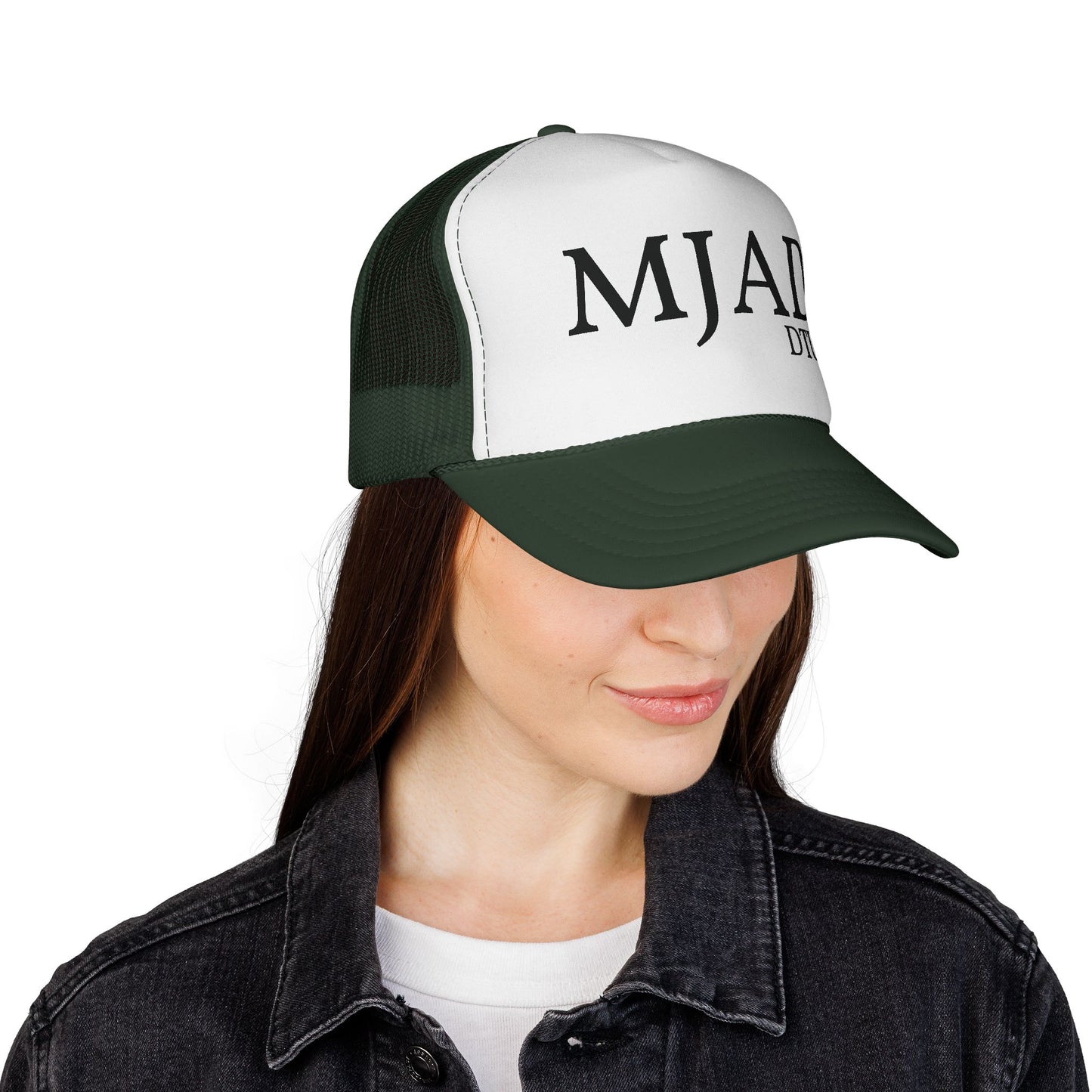 MJAD DTU9 Trucker Cap — Vintage Script Retro Mesh Baseball Hat