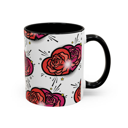 Rose Heart Accent Coffee Mug — Retro Pop Floral Design (11/15 oz)