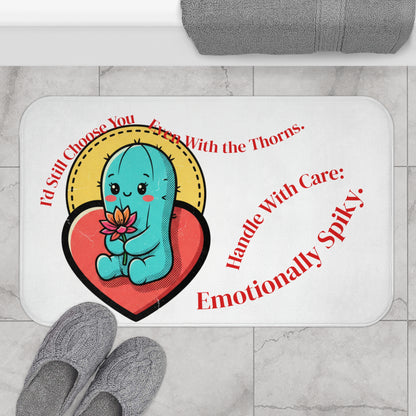 Emotionally Spiky Cactus Bath Mat — Cute Cactus with ‘I’d Still Choose You’ Heart Design